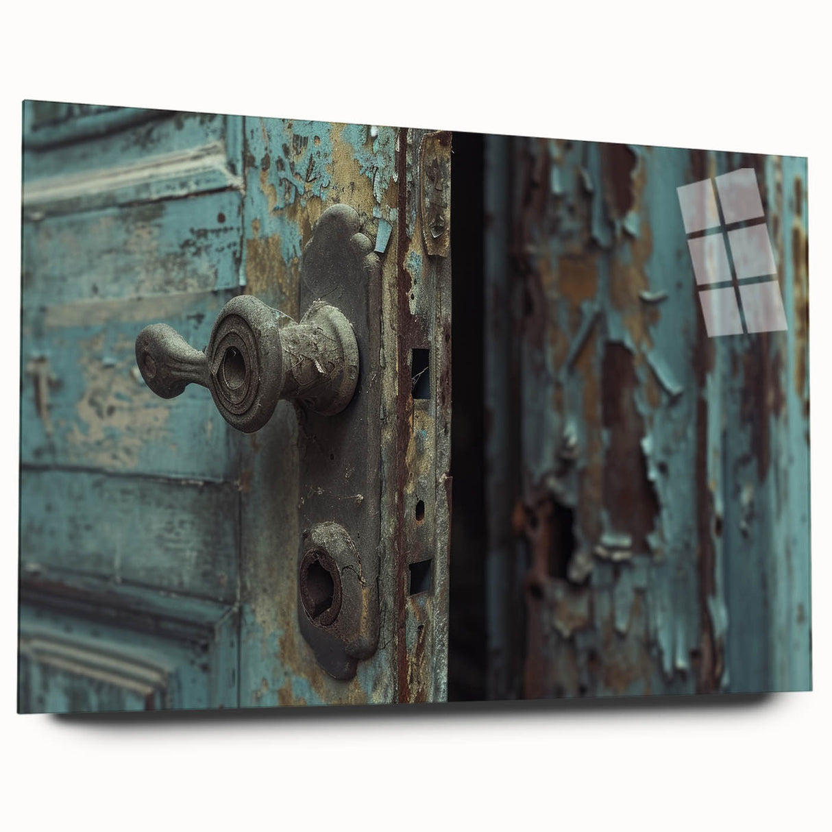 Large abstract wall art on acrylic glass featuring swirling blue and gray tones.