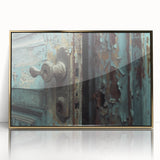 Mid-century modernist art depicting geometric shapes in gold and black on a framed acrylic.