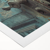 Art deco poster featuring geometric shapes in muted gold and navy, printed on rolled canvas, suitable for dining room walls.
