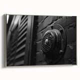 Vintage poster art of architectural hardware designs on a framed canvas, featuring black and colorful elements.
