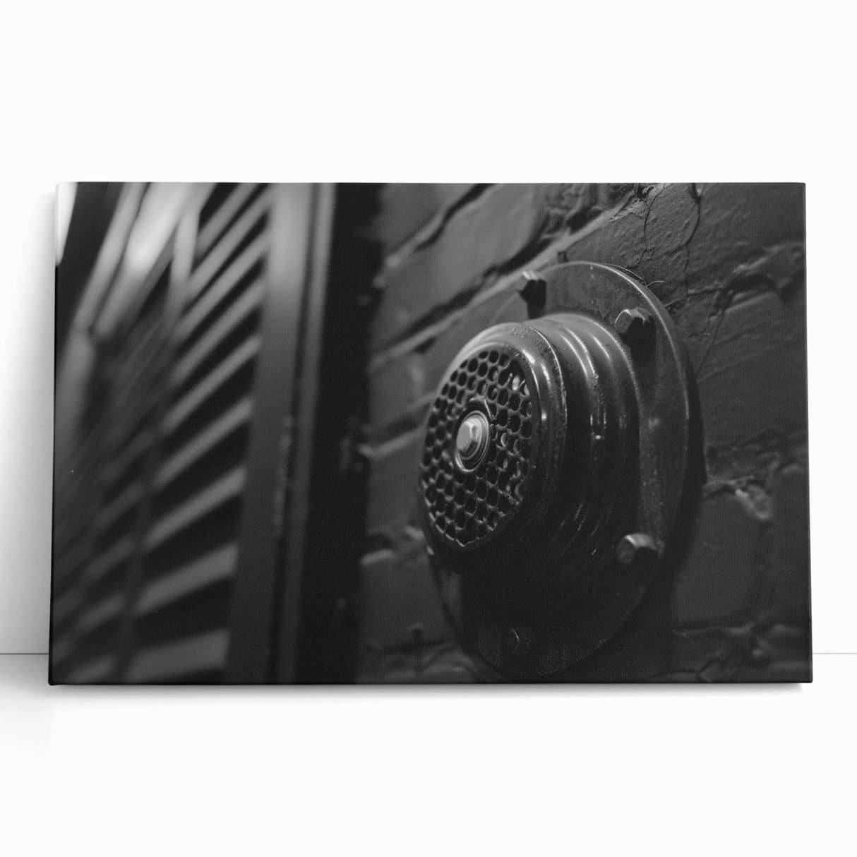 Black and white architectural design on large stretched canvas, ideal for kitchen wall art or bedroom ambiance.