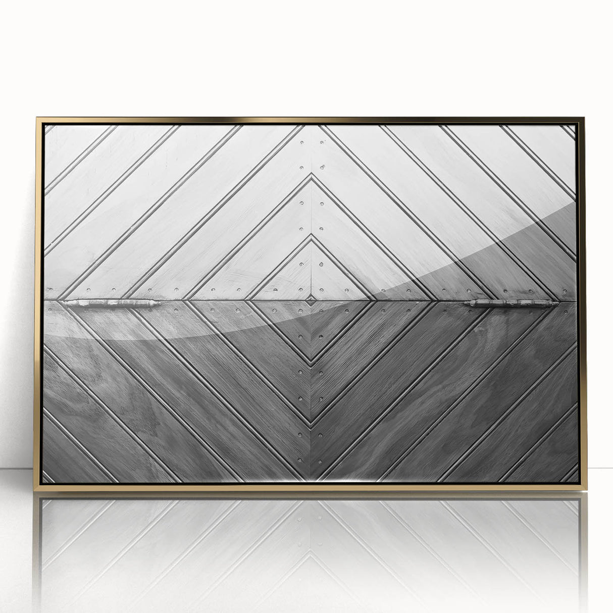Mid-century modernist art depicting geometric shapes in gold and black on acrylic, ideal for nursery wall art.