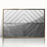 Mid-century modernist art depicting geometric shapes in gold and black on acrylic, ideal for nursery wall art.