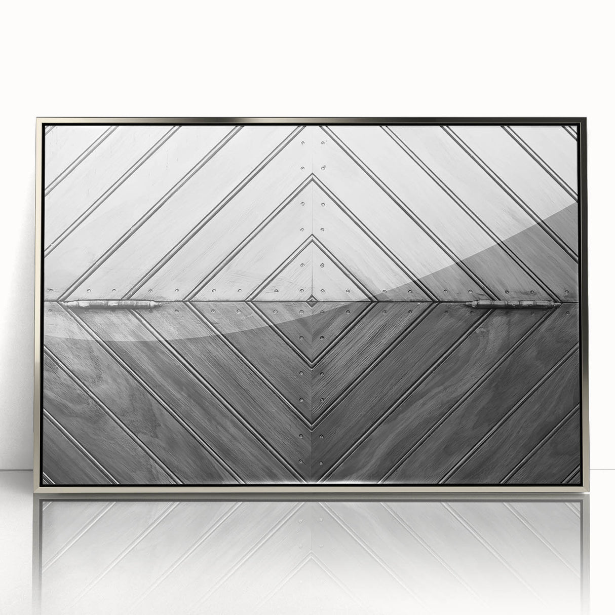 Art deco poster featuring geometric patterns in silver and black, framed acrylic, ideal for modern art wall decor.