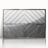 Art deco poster featuring geometric patterns in silver and black, framed acrylic, ideal for modern art wall decor.