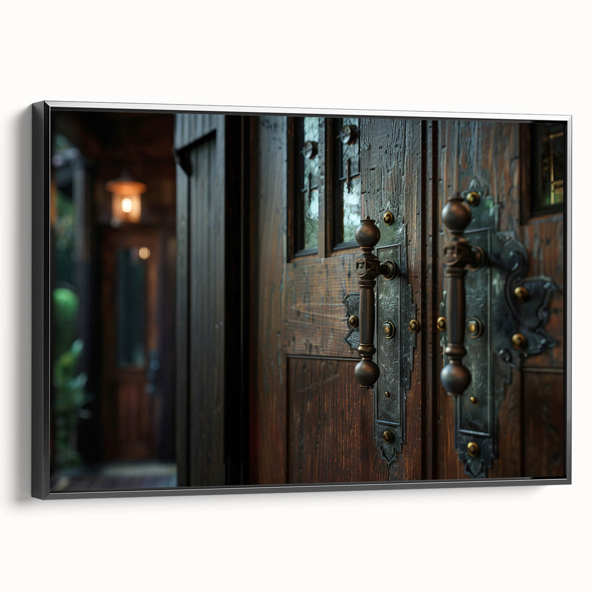 Black and white framed canvas featuring a vintage landscape painting, ideal for bedroom wall art.