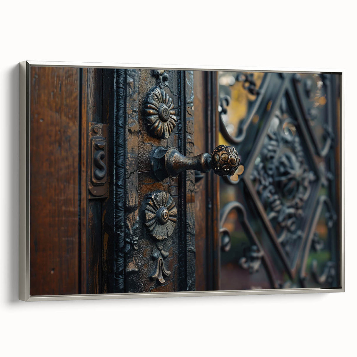 Vintage poster art of architectural hardware designs on a silver framed canvas, featuring black and colorful elements.
