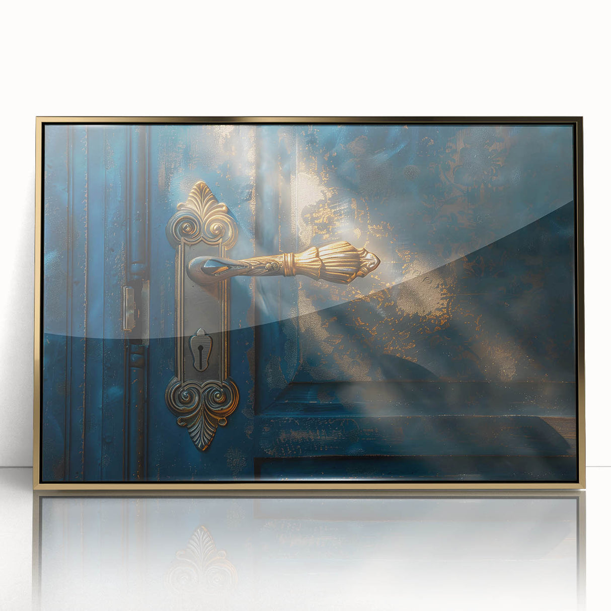 Mid-century modernist art deco poster depicting an abstract cityscape in muted gold and gray tones, framed acrylic.