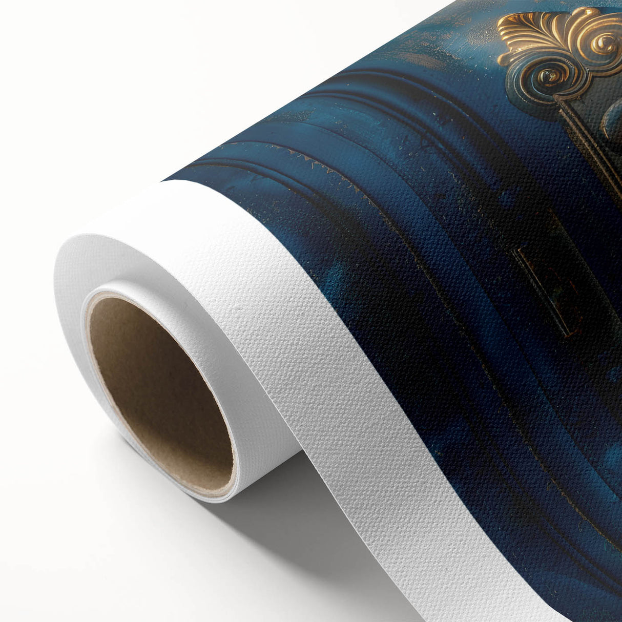 Art deco poster featuring geometric patterns in gold and teal on rolled canvas.