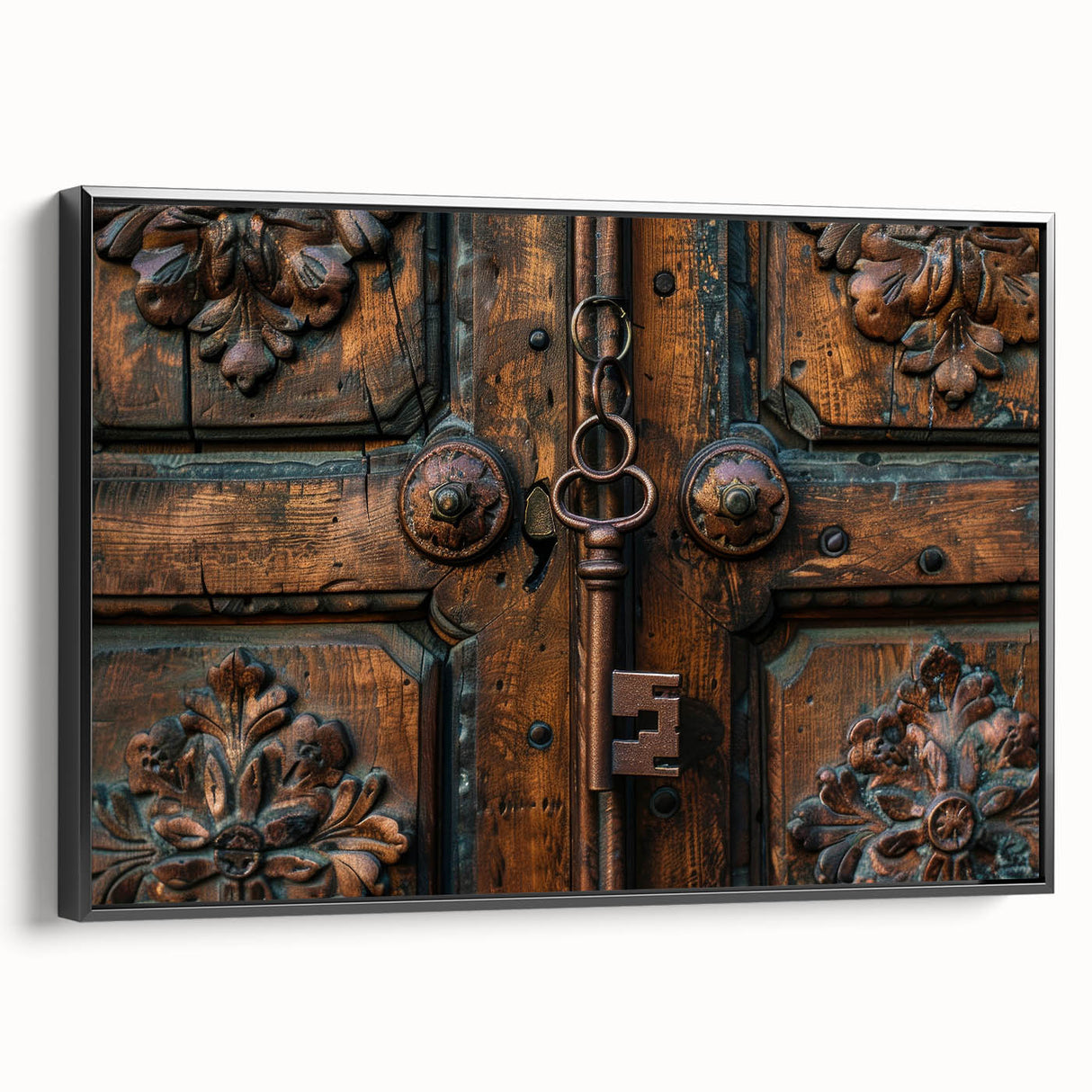 Black and white framed canvas featuring a vintage landscape painting, ideal for bedroom decor.