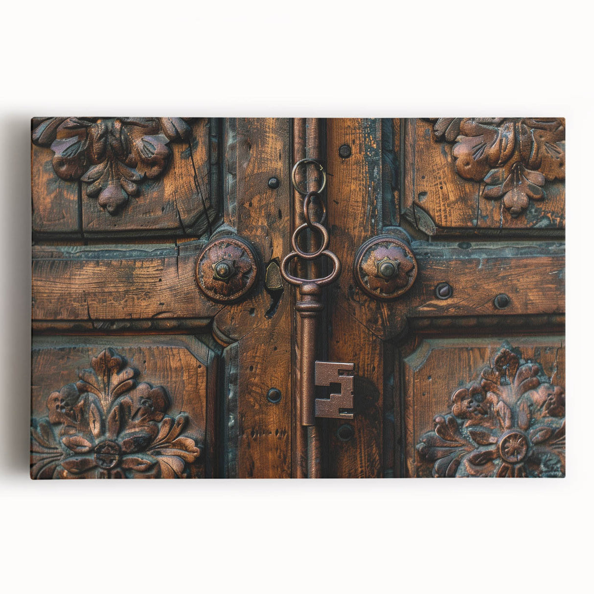 Large black and white photo of architectural hardware on stretched canvas, suitable for kitchen wall art.