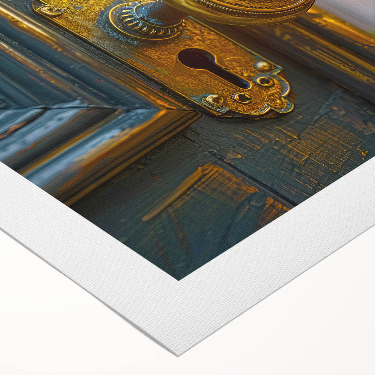 Art deco poster featuring geometric patterns in gold and black on rolled canvas, suitable for dining room or bathroom decor.
