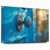 Large abstract wall art on acrylic glass, showcasing swirling gray and blue tones, suitable for bedroom or dining room decor.