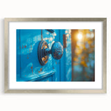 Abstract art print featuring geometric shapes in muted gray and silver, framed in silver, ideal for dining room decor.
