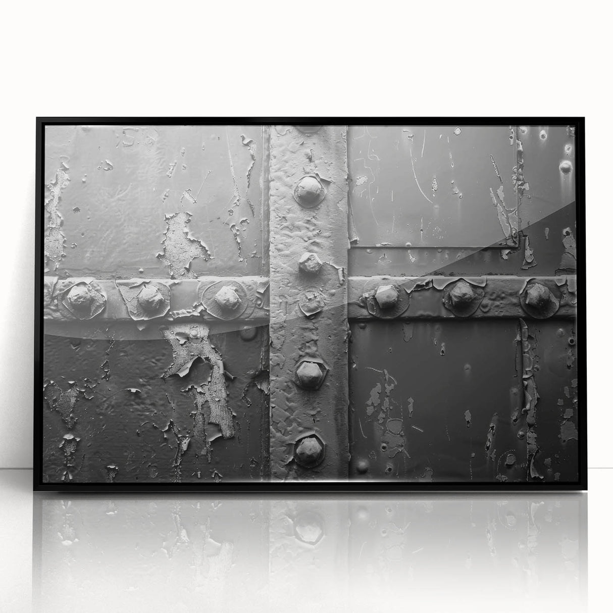 Large abstract wall art featuring geometric shapes in black and white, framed acrylic, ideal for modern living room decor.