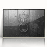 Art deco poster featuring symmetrical architecture in silver and gray tones, acrylic print framed in silver.