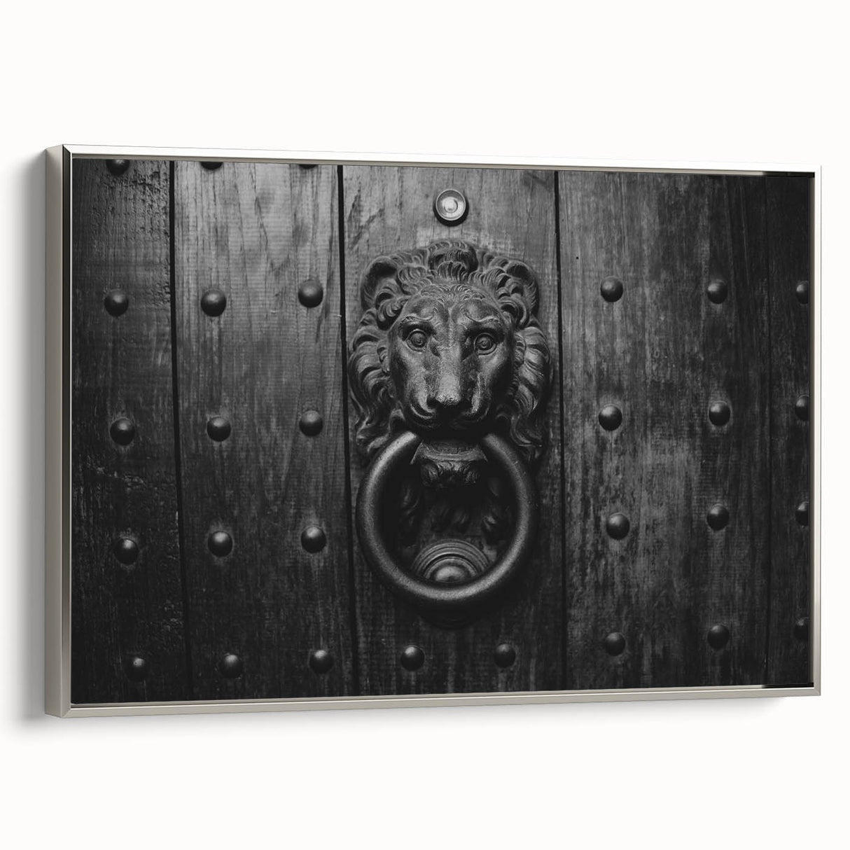 Vintage poster art of architectural hardware designs in muted silver and black tones on a large framed canvas.
