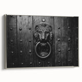 Vintage poster art of architectural hardware designs in muted silver and black tones on a large framed canvas.
