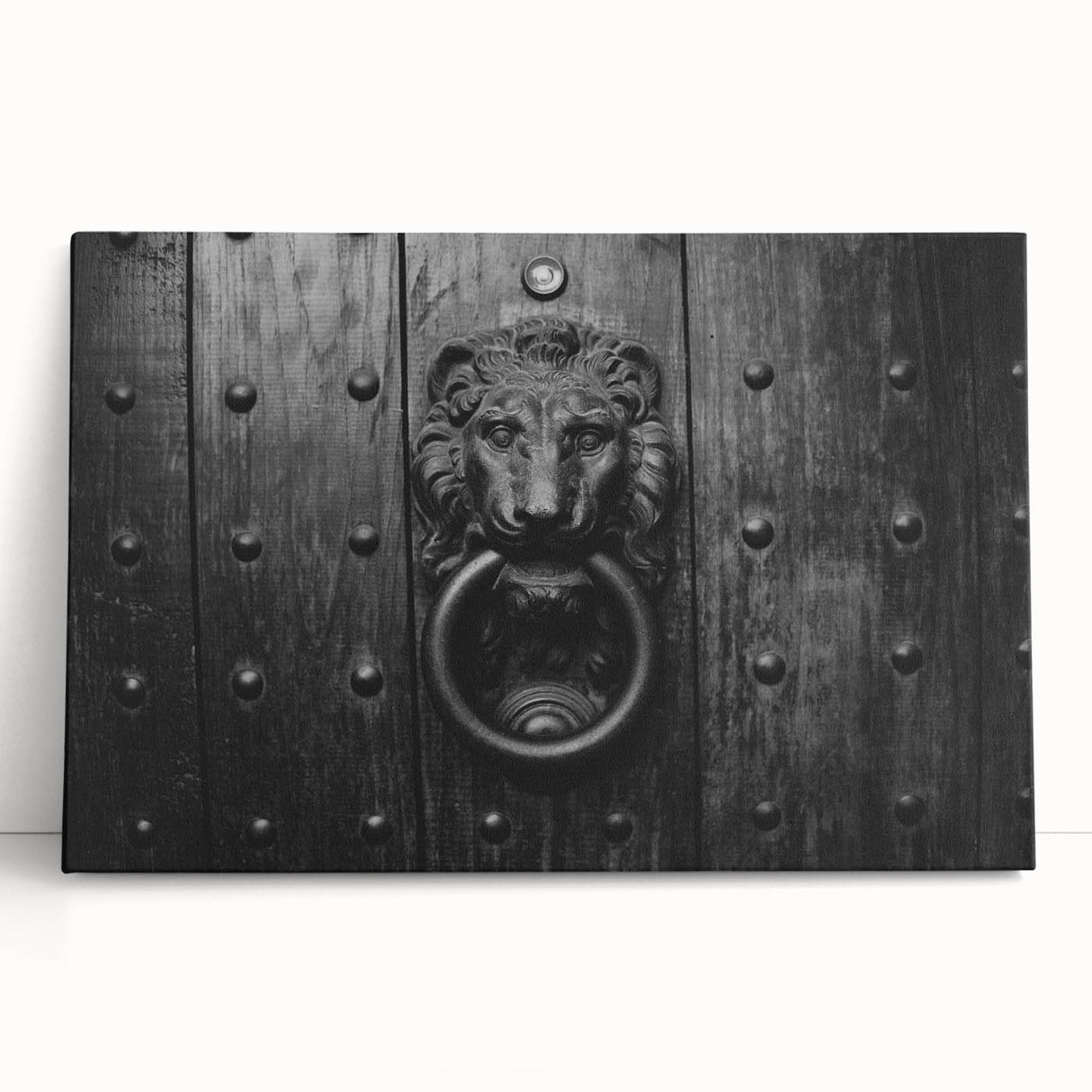Large black and white photo of architectural hardware on stretched canvas, suitable for kitchen or bedroom wall art.