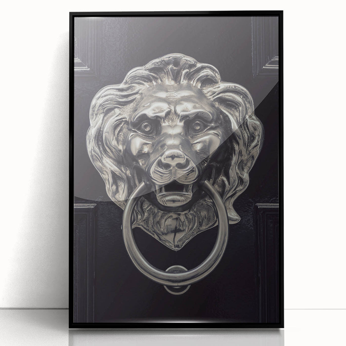 Large abstract wall art featuring geometric shapes in black and white, framed in acrylic.