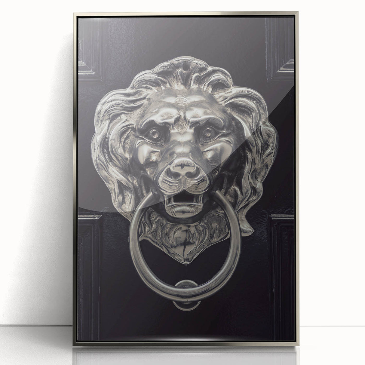 Art deco style poster of geometric shapes in silver and black, acrylic framed, suited for modern art wall decor.