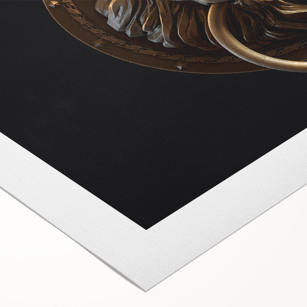 Art deco poster featuring geometric patterns in gold and black on rolled canvas, suitable for dining room wall art.