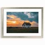 Textured art featuring abstract design of houses in muted earth tones on a framed silver mat, ideal for bedroom art.