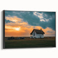 Black and white framed canvas featuring a vintage poster art style landscape with houses, ideal for bedroom wall decor.
