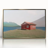 Mid-century modernist large art print of geometric houses in muted earth tones on framed acrylic.