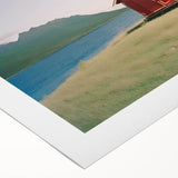 Art deco poster featuring streamlined geometric forms in muted gold and teal, printed on rolled canvas.