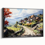Black and white vintage poster art of architectural houses on framed canvas, suitable for bedroom wall decor.