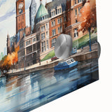 Large abstract wall art featuring geometric shapes in muted earth tones on acrylic glass, suitable for dining room ambiance.