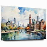 Large abstract wall art on acrylic glass depicting layered geometric shapes in cool blues and grays.