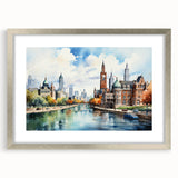 Textured abstract art print of architectural houses in muted gray and silver tones on a framed canvas.