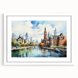 Abstract art prints featuring geometric shapes in muted gray and blue tones on a white framed canvas.