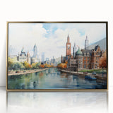 Mid-century modernist architecture, featuring houses in muted earth tones, acrylic print in gold frame.