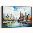 Black and white wall art featuring a vintage poster-style landscape painting on framed canvas, ideal for bedroom decor.