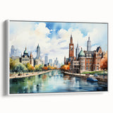 Vintage poster art of colorful, stylized architectural houses on a large framed canvas, ideal for living room decor.