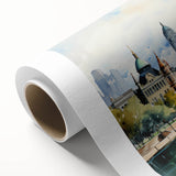 Art deco poster of stylized houses in pastel colors on rolled canvas, ideal for nursery wall art.