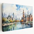 Large abstract architecture canvas art in muted grays and blues, ideal for kitchen wall art.