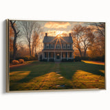 Framed canvas featuring a vintage poster art style landscape with muted gold and black tones, ideal for bedroom decor.