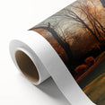 Art Deco poster of stylized buildings in pastel shades on rolled canvas, ideal for nursery wall art.