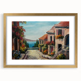 Extra large abstract art print of textured houses in muted earth tones, framed in gold, ideal for living room decor.