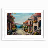 Abstract art print featuring geometric shapes in muted gray and blue tones, framed with a white mat.