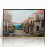 Mid-century modernist architecture depicted in large art print with gold framing, suitable for nursery or modern decor.