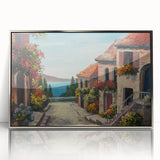 Mid-century modernist art featuring geometric houses in muted earth tones on framed acrylic, ideal for nursery wall art.