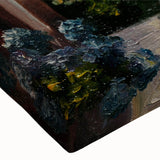 Large art of a black and white landscape painting on stretched canvas, depicting detailed architectural houses.