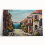 Black and white photograph of varied architectural house designs on a large stretched canvas, suitable for kitchen wall art.