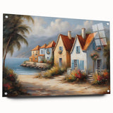 Large abstract wall art on acrylic glass depicting geometric shapes in cool blues and greys.