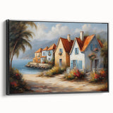 Black and white vintage poster art of architectural houses on a framed canvas, ideal for bedroom wall decor.